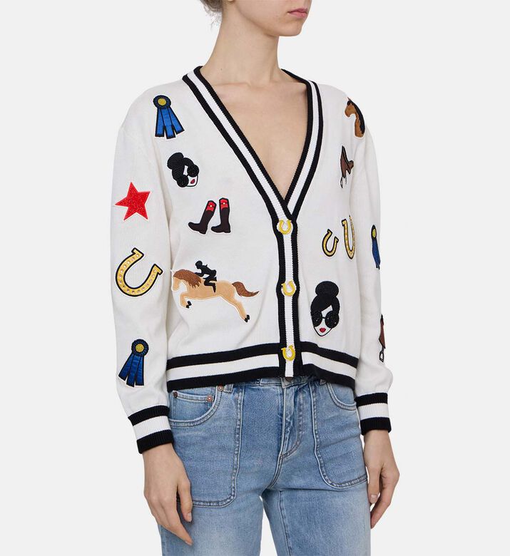 Equestrian Patches Contrasting Stripes Long-sleeve Cardigan