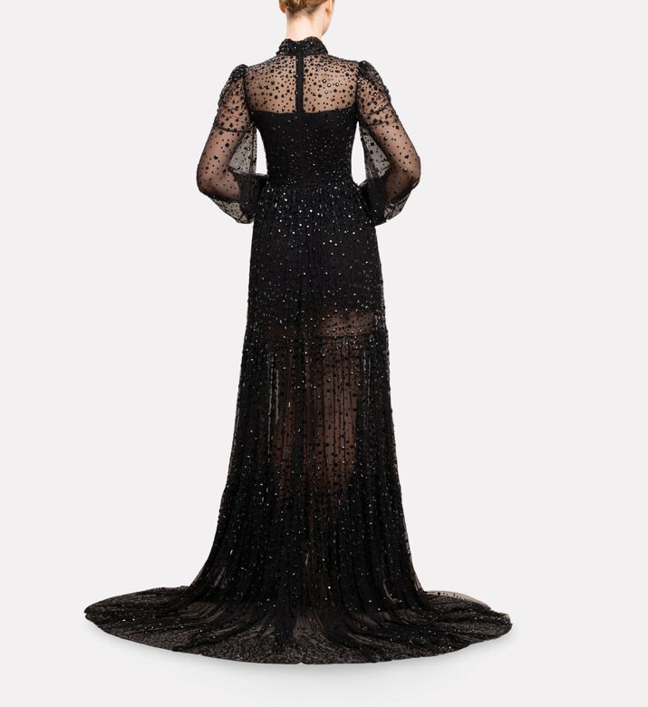 Michael Cinco Sheer Sleeves Long Dress, Model View