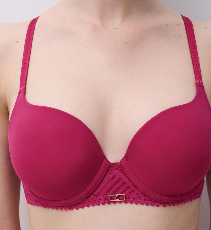 Chantelle Plunge Lace T-shirt Bra, Dark-pink, 105, D, Model View