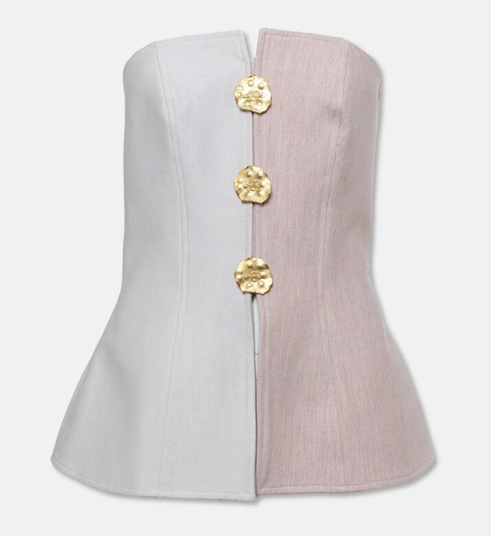 Blue For Burgundy Gold-tone Hammered Buttons Two-tone Peplum Top, Packshot View