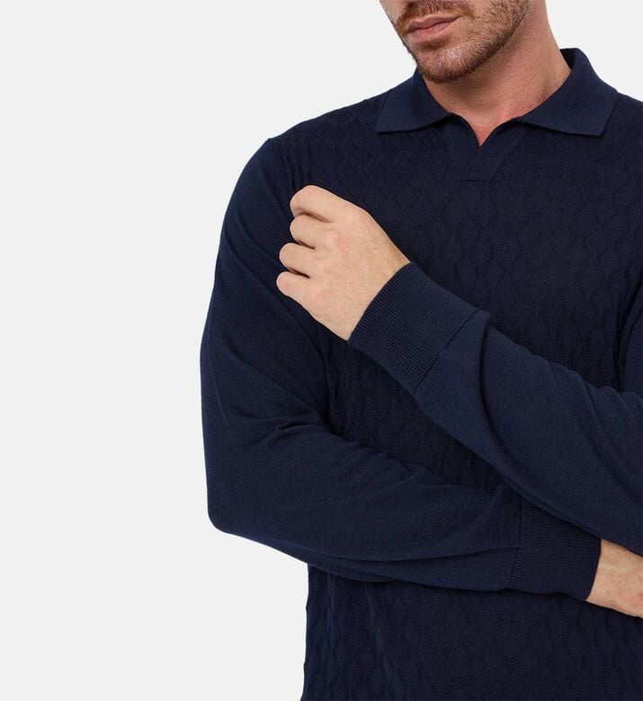Corneliani Knit Long-sleeve Regular-fit Polo Shirt, Navy, 58, Model View Corneliani Knit Long-sleeve Regular-fit Polo Shirt, Navy, 58, Model View