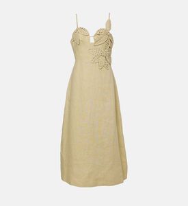 فستان متوسط الطول مزين بنقشة أزهار ولون رملي