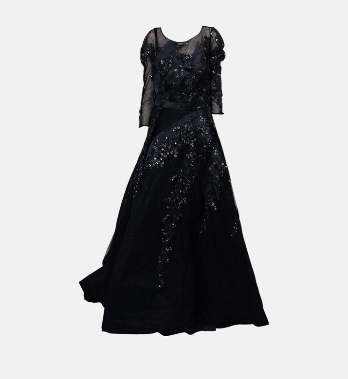 Black Sequin Embellished Long Flared Dress