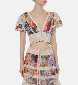 Floral Ruffled Sleeves Button-front Crop Top