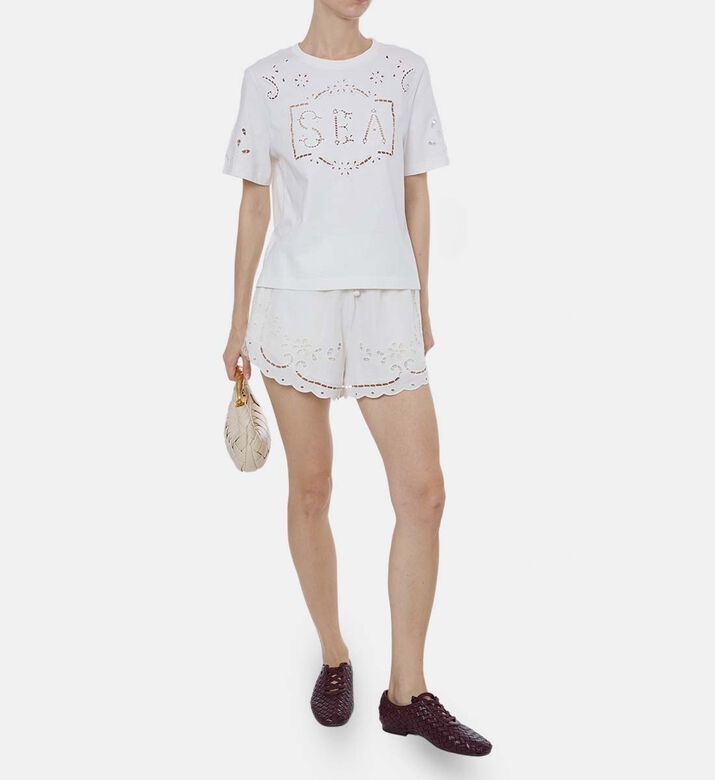 Floral-embroidery Elastic Waistband Shorts