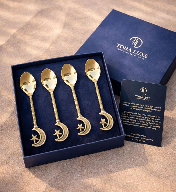 Tohfa Luxe Star Moon Brass 4-piece Dessert Spoon Set, Packshot View