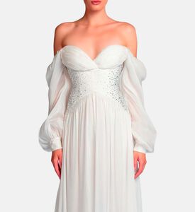 Michael Cinco Rhinestone-embellished Puff Sleeve Maxi Dress, White, M, Model View