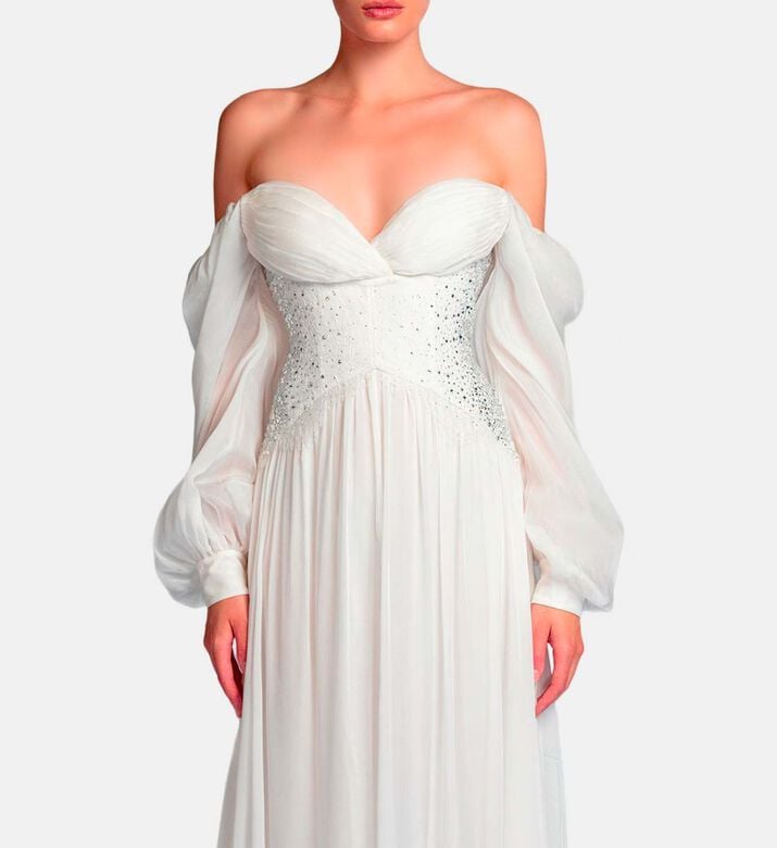 Michael Cinco Rhinestone-embellished Puff Sleeve Maxi Dress, White, M, Model View