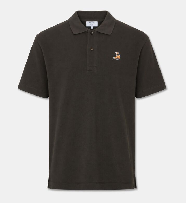 Maison Kitsune Embroidered Patch Pique Knit Polo Shirt, Brown, L, Packshot View