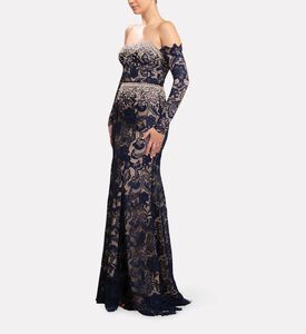 Michael Cinco Off-shoulder Lace Long Dress, Model View