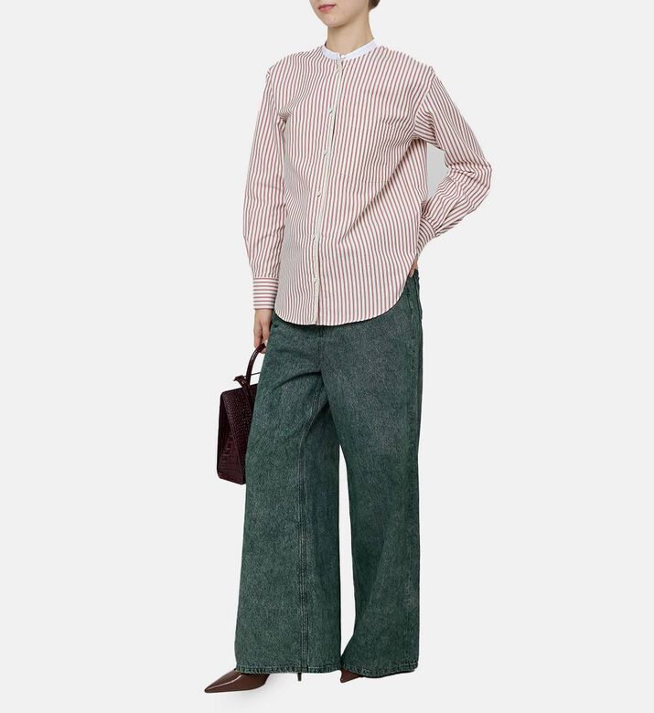 5-pocket Faded Denim Wide Leg Trousers With Drawstrings