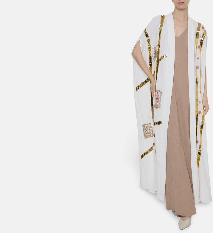 Dalia Al Azem Floral-embroidered Gold-foil Striped Open-front Abaya, Model View