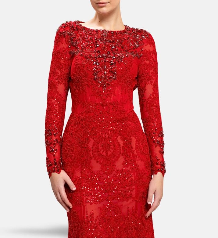 Michael Cinco Embellished Lace Long Evening Gown, Model View