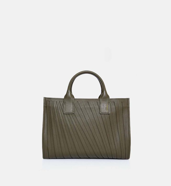 Camille Fournet Signature Calf Leather Pleated Midi Tote Bag, Khaki, Packshot View