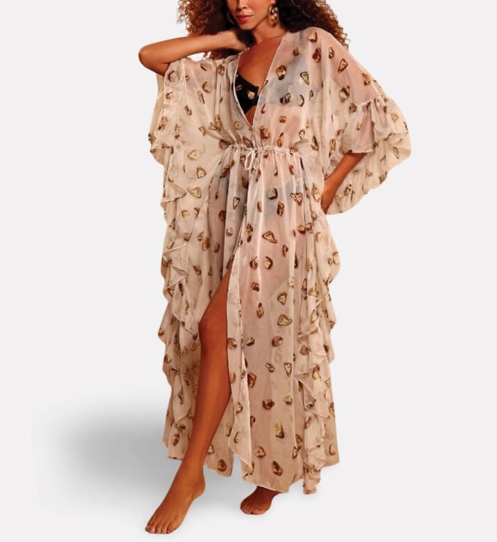 Karla Vivian Pebble-print Ruffled Adjustable Sheer Kimono, Model View