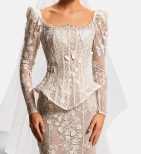 Michael Cinco Corset Long-sleeve Lace Gown, Model View