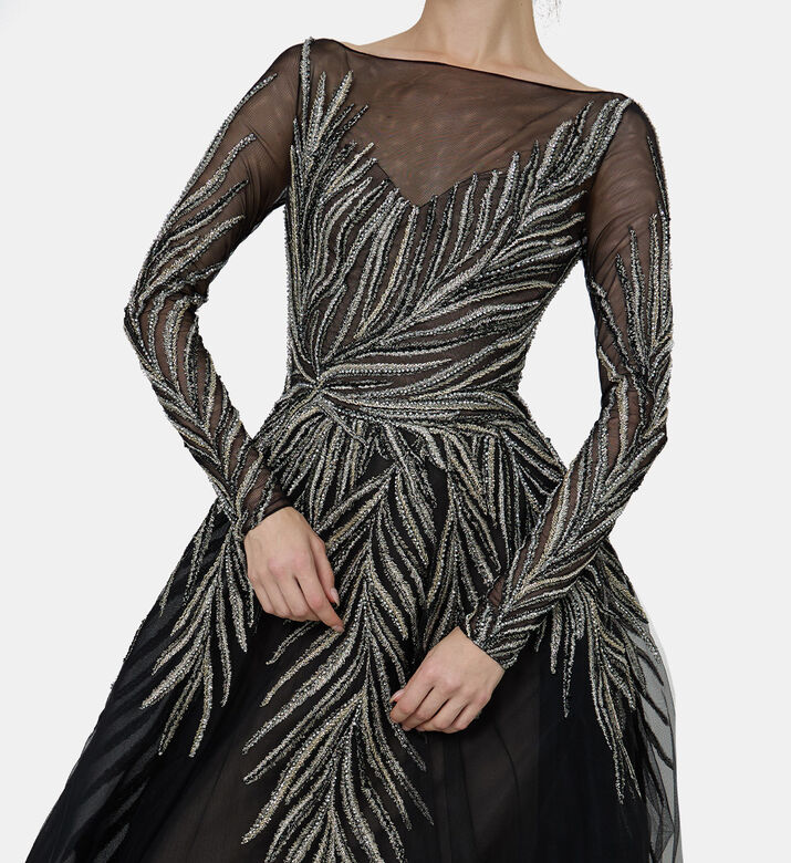 Leaves Sequins Flared Maxi Gown