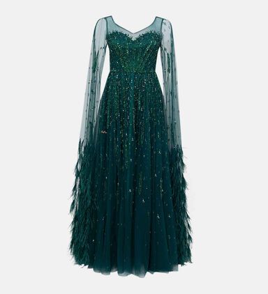 Feather Trim Long-sleeve Dress