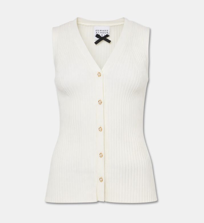 Edward Achour Paris Ribbed Knit V-neck Button-up Top, White, 42, Packshot View