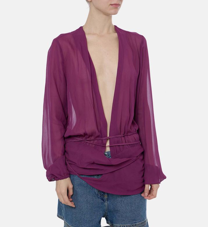 Pleats-detail Long-sleeve V-neck Blouse