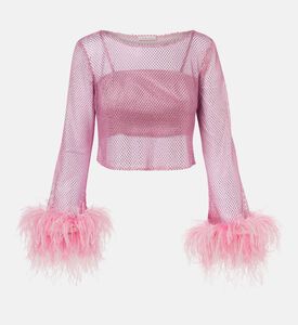 Feather-trim Long-sleeve Crystal-embellished Top
