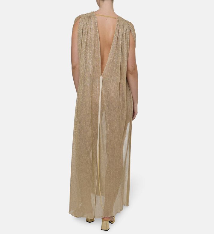 Blue For Burgundy Metallic Gold Pleated Column-cut Maxi Dress, Model View