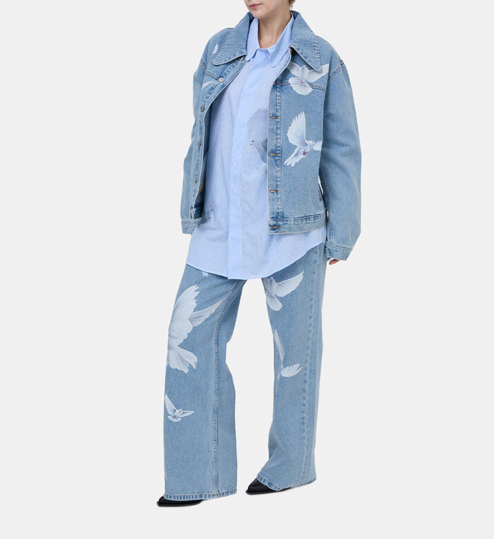 Doves Print Baggy Cotton Denim Jeans