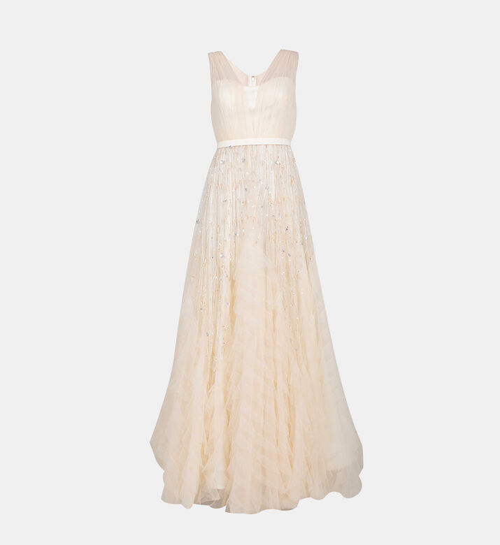 فستان ماكسي واسع بياقة V بأحجار الراين