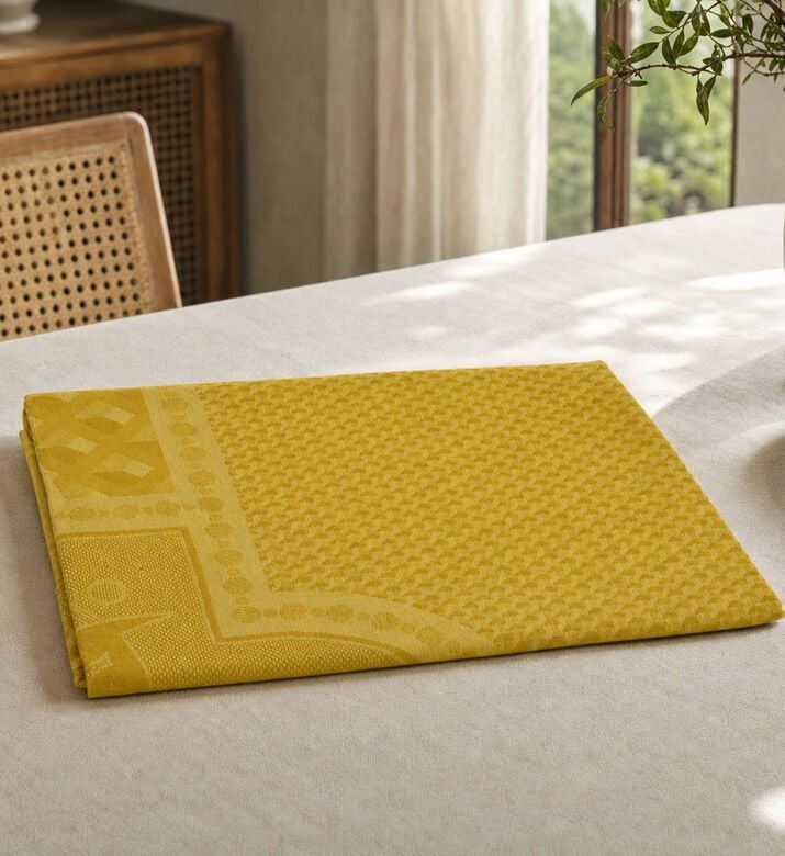 Jacquard Cotton Venetian-inspired Printed Jacquard Tablecloth, Yellow, 175x175-cm, Model View