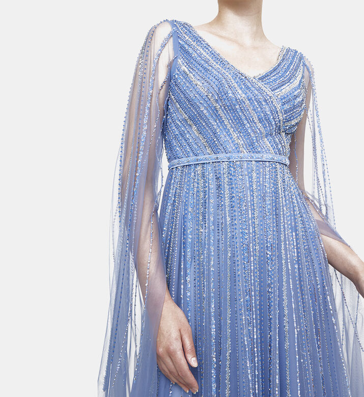 Rhinestones Cape Sleeves Flared Maxi Dress