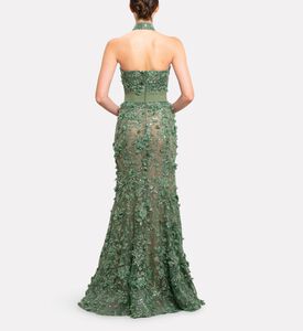 Michael Cinco Embellished Deep Neckline Long Dress, Model View
