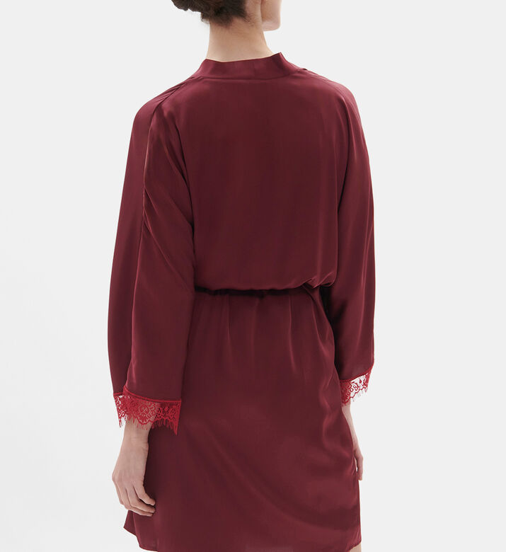 Satin Lace-trim Belted Kimono Satin Lace-trim Belted Kimono