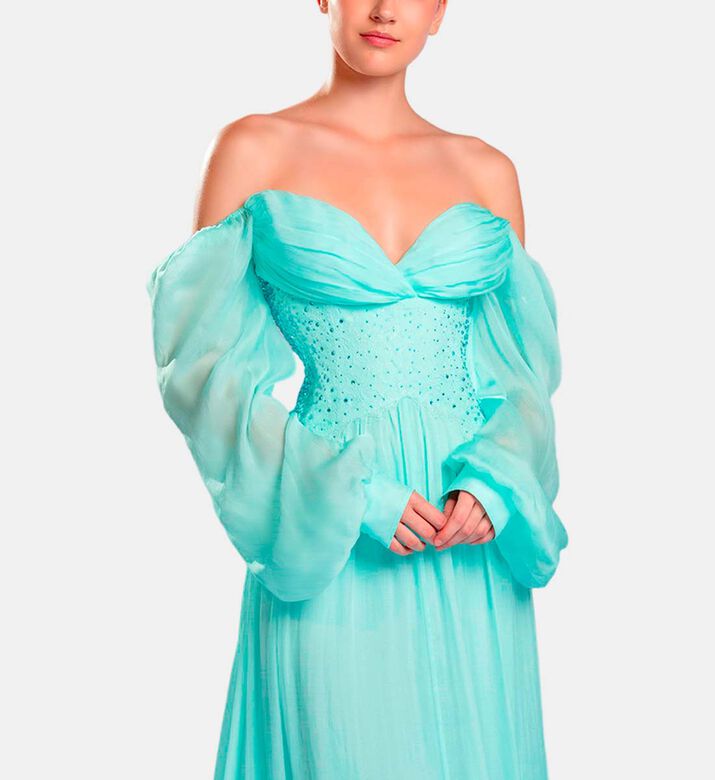 Michael Cinco Rhinestone-embellished Puff Sleeve Maxi Dress, Light-green, Xl, Model View