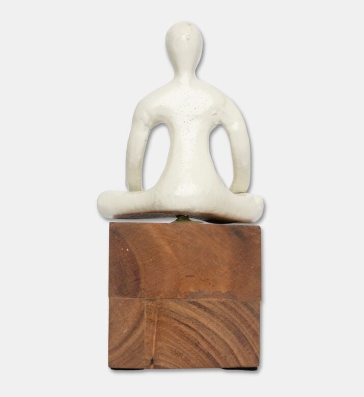 Home Deco and More Yoga Natural Wood Base Figurine, White, Packshot View