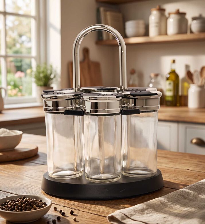 Andrea House Glass Chrome Lid Spice Jars 6-piece Set, Packshot View