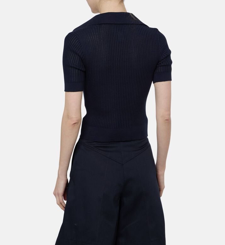 Patou Ribbed Knit Polo Shirt, Blue, L, Model View