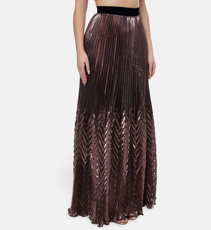 Blue For Burgundy Chevron Pleated Metallic Maxi Skirt, Model View