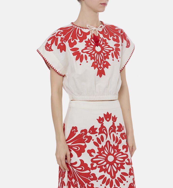 Embroidered Short-sleeve Cropped Blouse
