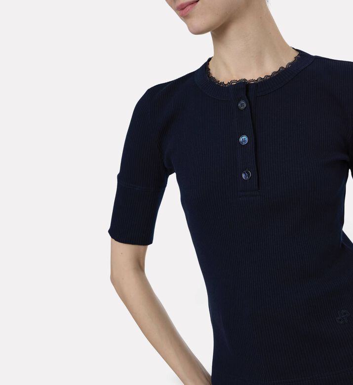 Patou Ribbed Lace Collar T-shirt, Blue, L, Model View