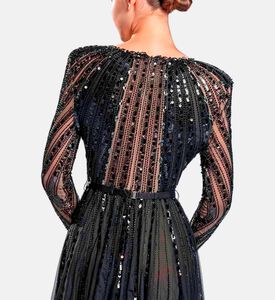 Michael Cinco Beads-embroidery Maxi Flared Dress, Black, S, Model View