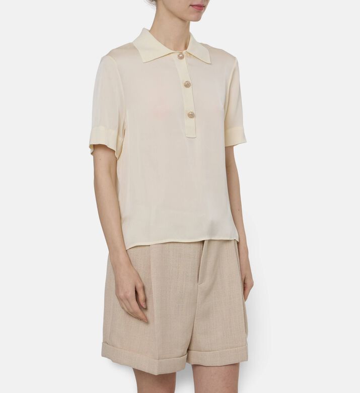 Edward Achour Paris Knitted Short-sleeve Polo Top, Ivory, 40, Model View
