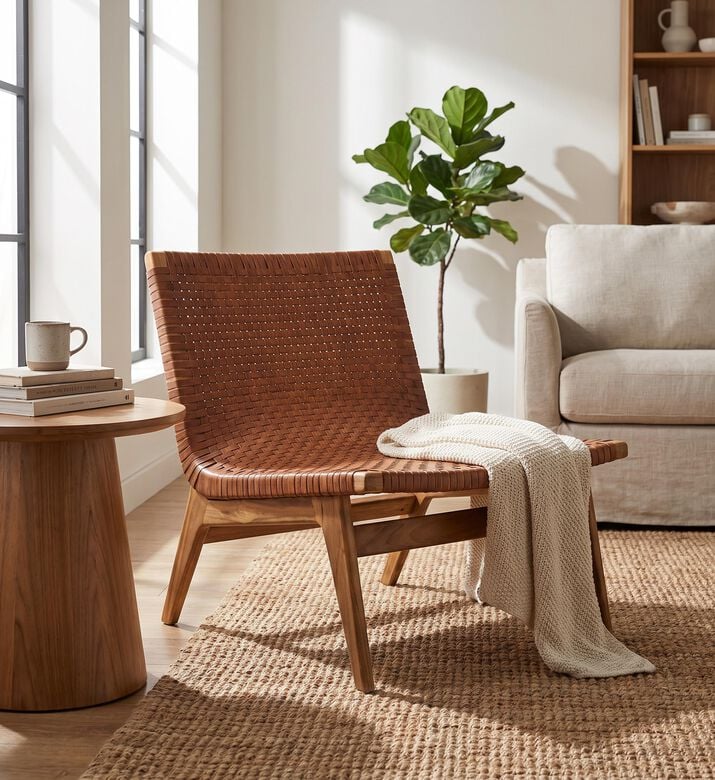 Home Deco and More Gia Teak Leather Lounge Chair, Brown, 70x78x76-cm, Packshot View