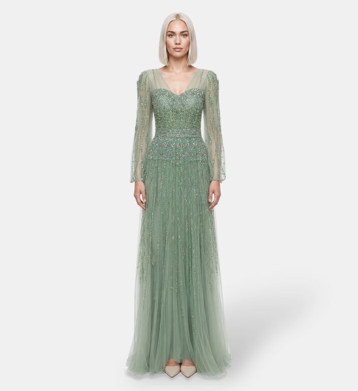 Suzy Matar Embellished Tulle Maxi Gown, Light-green, S, Model View