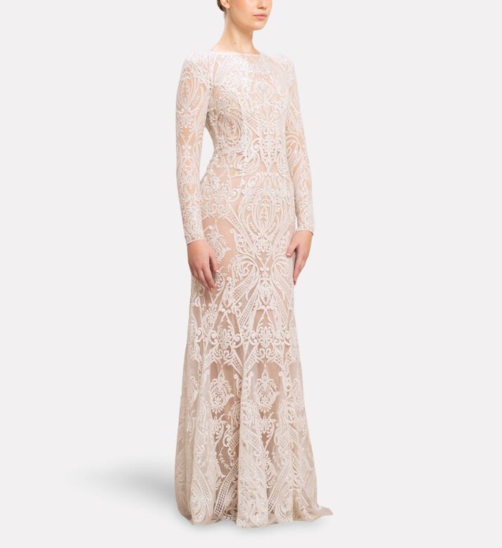 Michael Cinco Thread Long-sleeve Gown, Model View