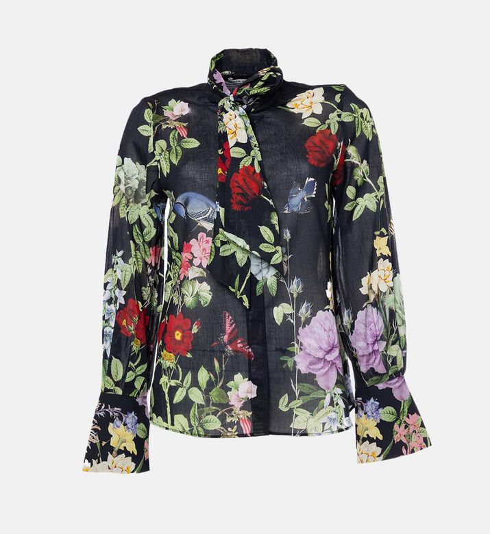 Floral Bird-print Tie-neck Blouse