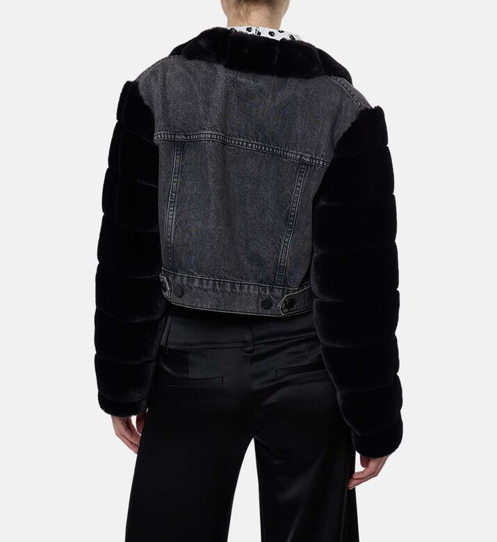 Alice and Olivia Faux Fur Long-sleeve Denim Jacket, Model View