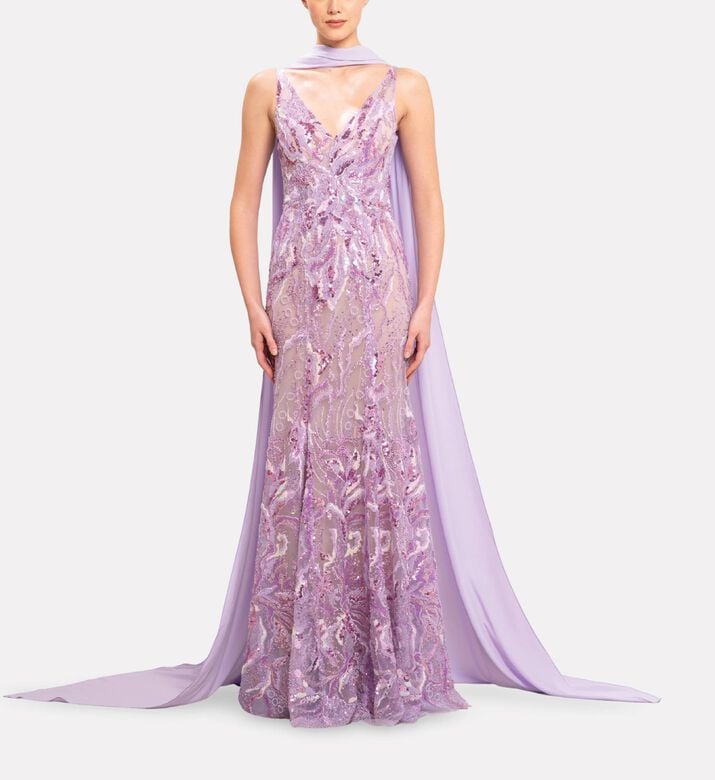 Michael Cinco Embellished Scarf Long Dress, Model View
