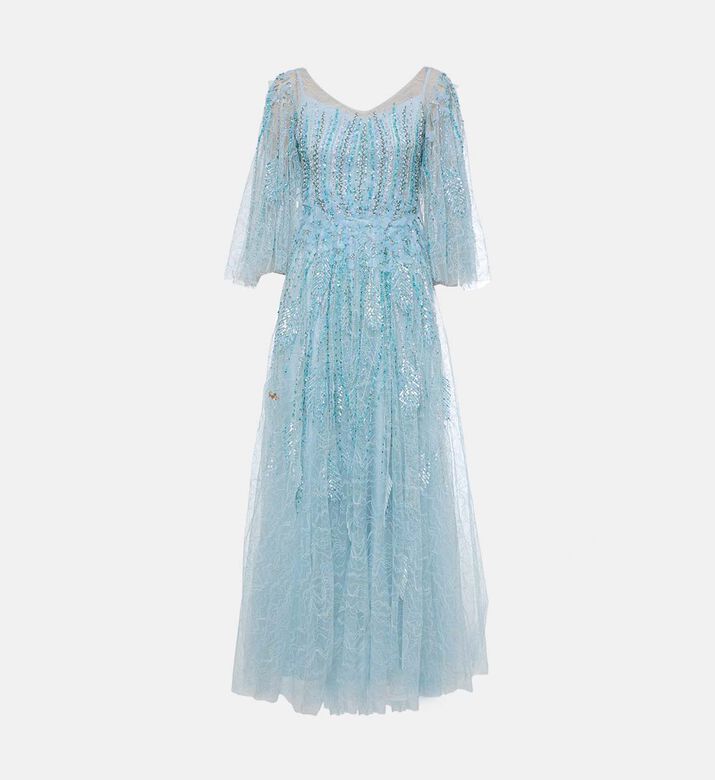 Beaded Sequin Sheer Bell Sleeves Cloche Maxi Dress