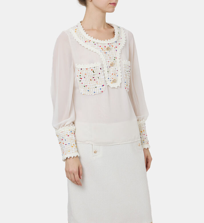 Tweed-trimmed Long-sleeve Blouse