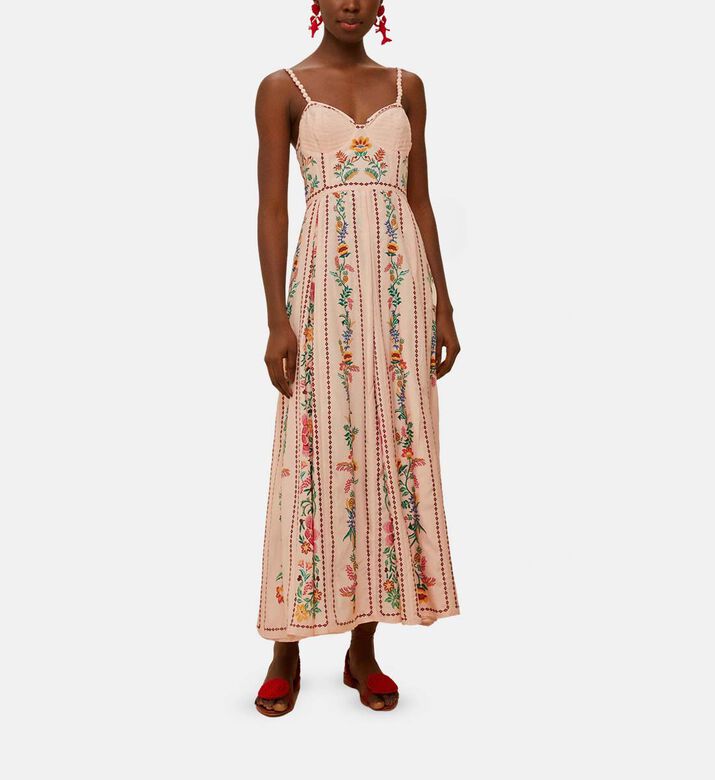 Delicate Forest Floral-embroidery Maxi Dress